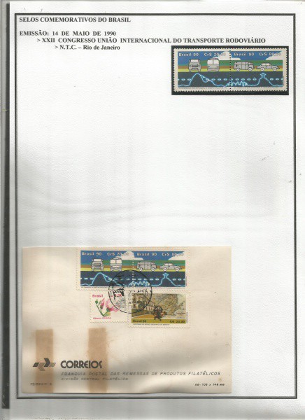 BRASIL - SELOS + ENVELOPE 1º DIA XXII CONGRESSO INTERN. DO TRANSPORTE RODOVIÁRIO  1990