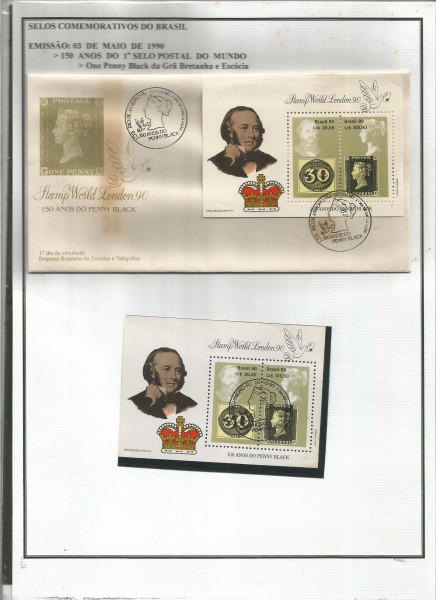 BRASIL -  ENVELOPE 1º DIA + BOLCO  - 150 ANOS DO 1º SELO POSTAL DO MUNDO - 1990