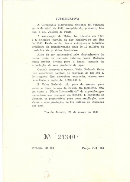 Folhinha - Jubileu De Prata Cia Siderúrgica Nacional
