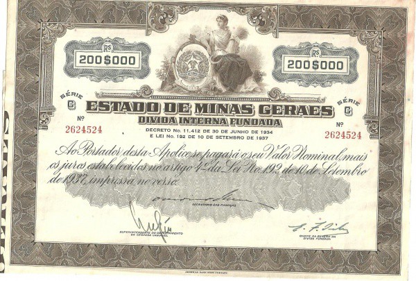 Apolice do estado de Minas Gerais - 200 Mil reis - Ano de 1937 - MBC - ML