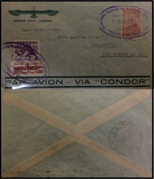 RARO - ENVELOPE DA SÉRIE CONDOR COM CARIMBO DE CACHOEIRA NO RGS - CARIMBO TIMBRADO - DUPLO CARIMBOS