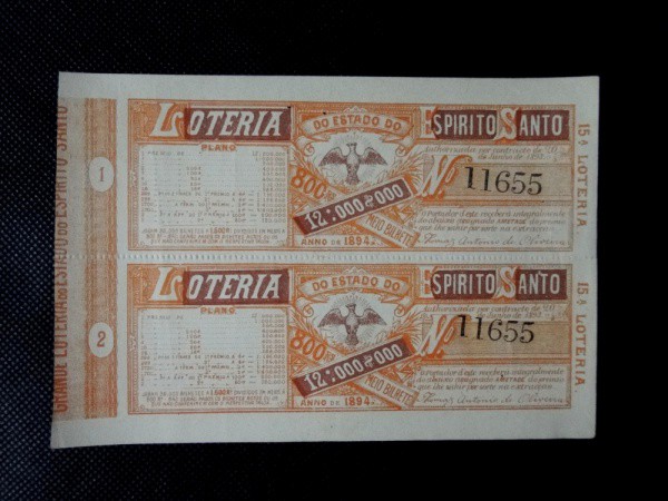Brasil República, séc XIX, par de Loterias do Estado do Espírito Santo de 1894, sendo 2 meio Bilhete