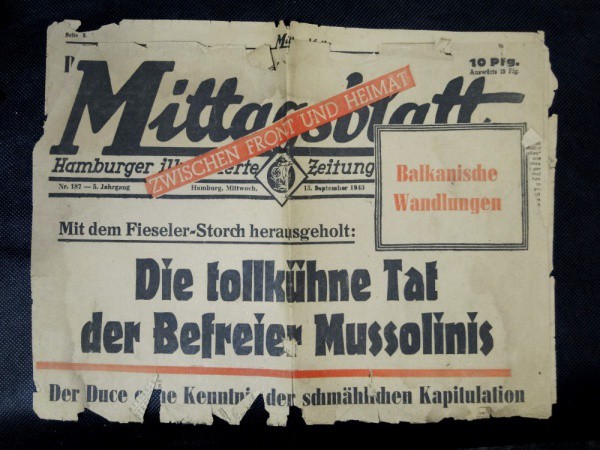 Alemanha Nazista, III Reich, jornal de Setembro de 1943 com notícias sobre Mussolini.  Bom estado de