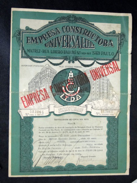 Documento de Capitalização da Empresa Constructora Universal de 1942.