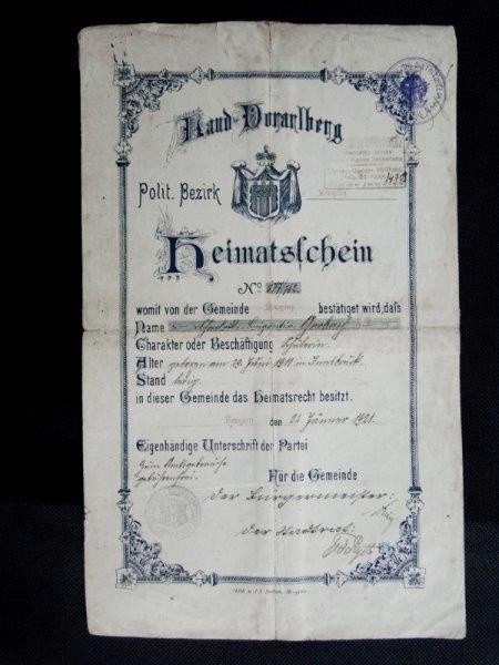 Áustria, passaporte da cidade  de BREGENZ de 22/Janeiro/1921 com os carimbos da Áustria e do Brasil.