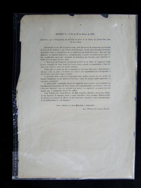 Brasil II Império, documento impresso assinado e carimbado por Luiz Pedreira do Coutto Ferraz. Decre
