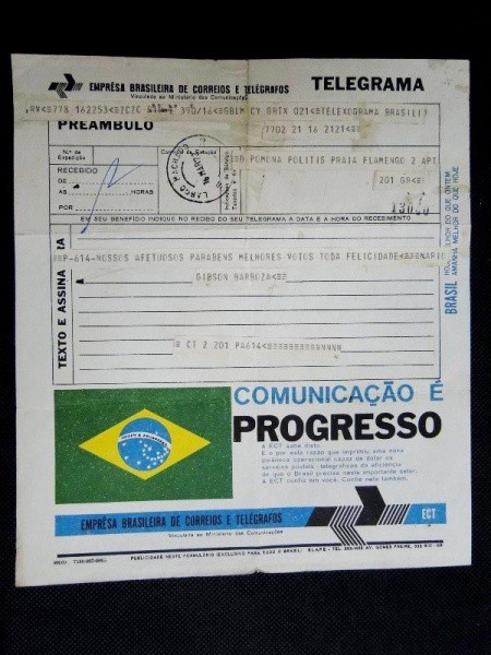 Brasil, telegrama de 1972, com belíssima publicidade do governo militar COMUNICAÇÃO É PROGRESSO da