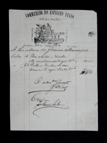 Victoria/ES, documento fiscal (recibo) do Jornal Commercio do Espírito Santo do ano de 1893. BEC