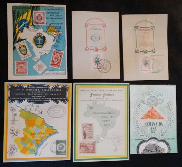 Brasil, fitatelia, lote com 06 folinhas déc. 40/50. Bom estado de conservação. Algumas raras. Todas
