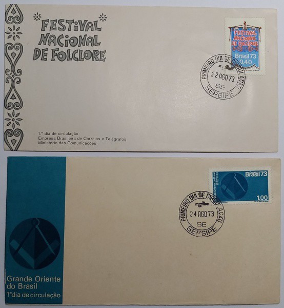 BRASIL - 02 ENVELOPES DE 1º DIA DE CIRCULAÇÃO - GRANDE ORIENTE E FESTIVAL DO FOLCLORE.