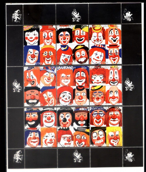 GRANDE E BELO BLOCO DO KYRGYSTAM ANO 2000 TEMA CIRCO COM VARIAS FACES DE PALHAÇOS - MINT