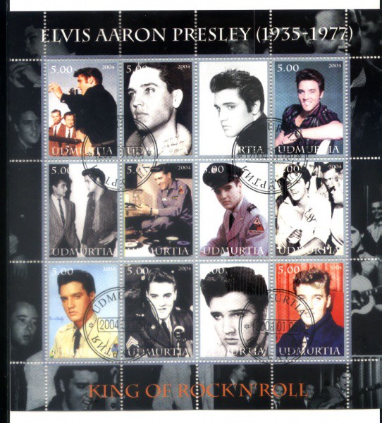 BLOCO MINT TEMA MUSICA CINEMA ELVIS PRESLEY - MINT ANO 2004 - DA UDMURTIA - COM 12 SELOS