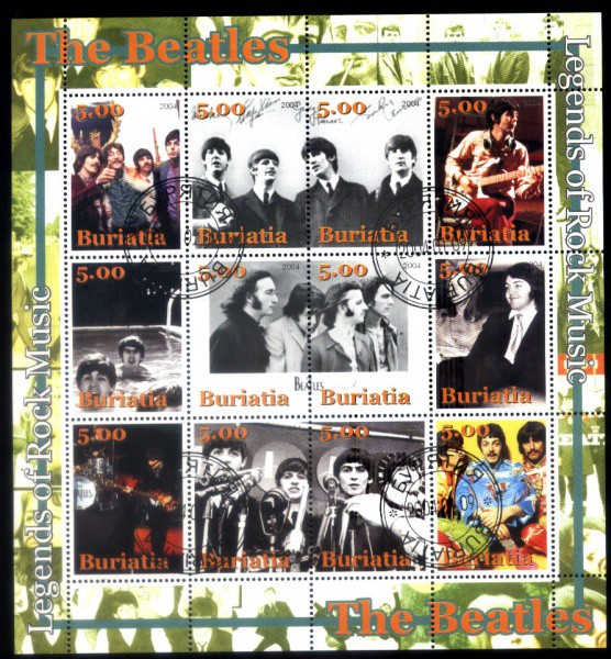 BELISSIMO BLOCO MINT TEMA MUSICA BEATLES COM 12 SELOS  DA BURIATIA  COM CARIMBOS