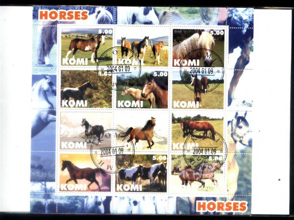 TEMA CAVALOS - GRANDE BLOCO MINT COM 12 SELOS E CARIMBOS  DO KOMI  ANO 2004
