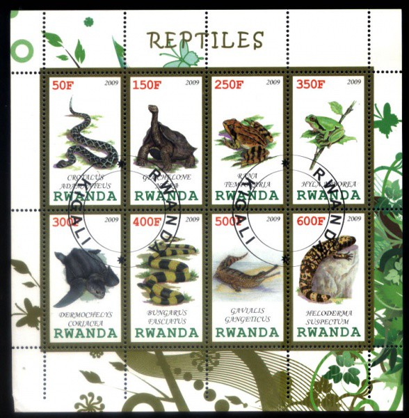 BLOCO TEMA FAUNA DE RWANDA ANO 2009 - REPTEIS COM 8 SELOS E CARIMBOS
