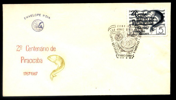 ENVELOPE TEMATICO - FAUNA PEIXES - OTIMO ESTADO -  ANO 1967  SEG. CENTENARIO DE PIRACICABA