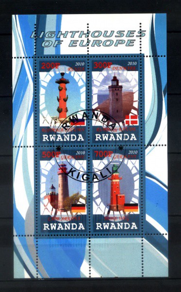 BLOCO DE RWANDA ANO 2010  TEMA NAVEGAÇÃO - FAROIS - COM CARIMBOS