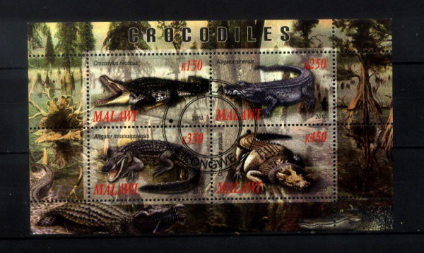 BLOCO DO MALAWI  TEMA REPTEIS - CROCODILOS - FAUNA  COM CARIMBOS