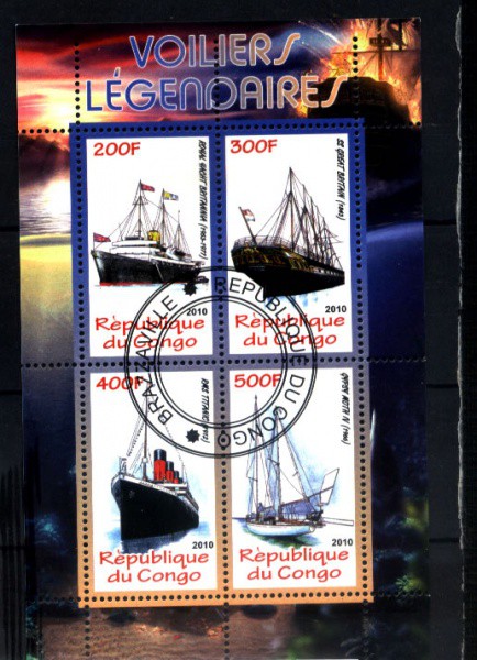 BLOCO DA REPUBLICA DO CONGO TEMA NAVIOS  ANO 2010  COM CARIMBOS