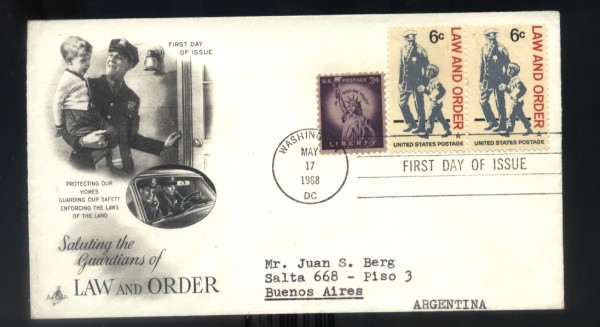 FDC  DOS ESTADOS UNIDOS  CIRCULADO ANO 1968  TEMA GUARDIOES DA LEI E ORDEM