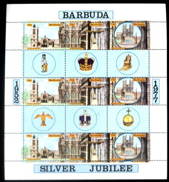 BLOCO DE BARBUDA - ANO 1977 - JUBILEU  DA COROAÇÃO - ARQUITETURA