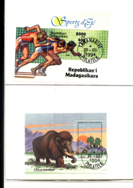 2- BLOCOS DE MADAGASCAR - ANO 1994/2000 -TEMAS -PRE -HISTORIA - E ESPORTES COM CARIMBO