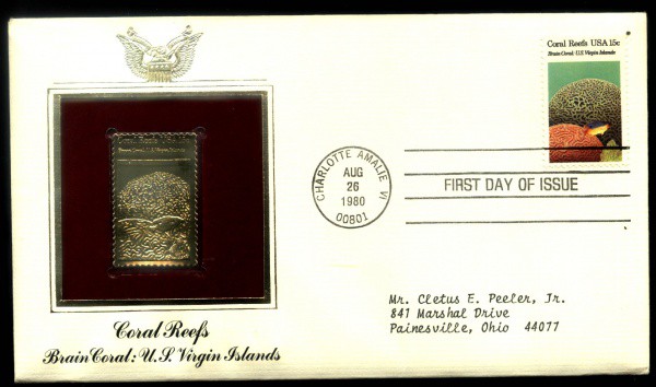 ENVELOPE DO ESTADOS UNIDOS - SELO DE OURO DOURADO - ANO 1980 - TEMA -CORAL REEFS - BRAIN CORA ;U.S.V