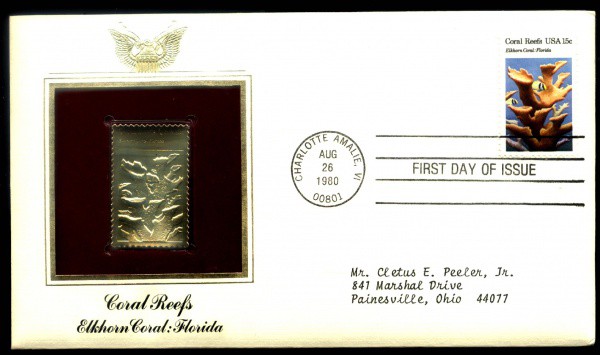 ENVELOPE DO ESTADOS UNIDOS - SELO DE OURO DOURADO - ANO 1980 - TEMA CORAL REEFS - ELKORN CORA - FLOR