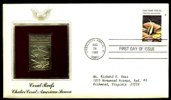 ENVELOPE DO ESTADOS UNIDOS - SELO DE OURO DOURADO - ANO 1980 - TEMA CORA REEFS - CHALICE CORAL - AME