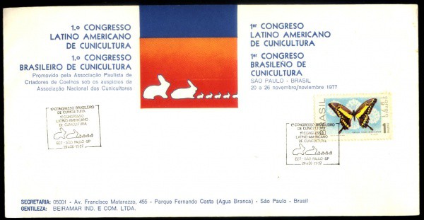 ENVELOPE DO BRASIL - ANO 1977- CARIMBO TEMATICO - 1 CONFRESSO LATINO AMERICANO DE CUNICULTURA