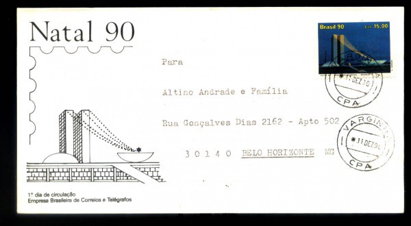 ENVELOPE  DO BRASIL - ANO 1990 - CARIMBO DA VARGINHA - CIRCULADO - TEMA NATAL 90