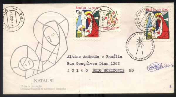 ENVELOPE DO BRASIL - ANO 1991 - CARIMBO TEMATICO - 1 DIA - TEMA - NATAL- CIRCULADO
