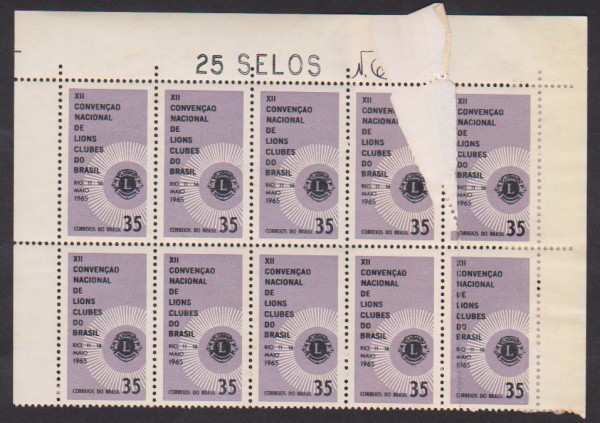 Brasil 1965 -  Lions, bloco de 10 selos sem carimbo com goma e variedade de emenda de bobina!