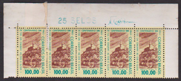 Brasil 1965 -  Rio de Janeiro, tira de 5 selos sem carimbo com goma e variedade de emenda de bobina!