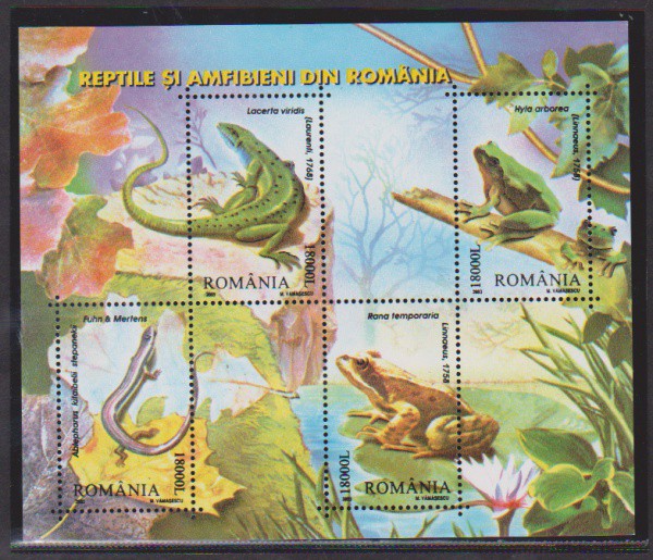 Romênia - Bloco sem carimbo com goma alusivo ao tema fauna com sapos!