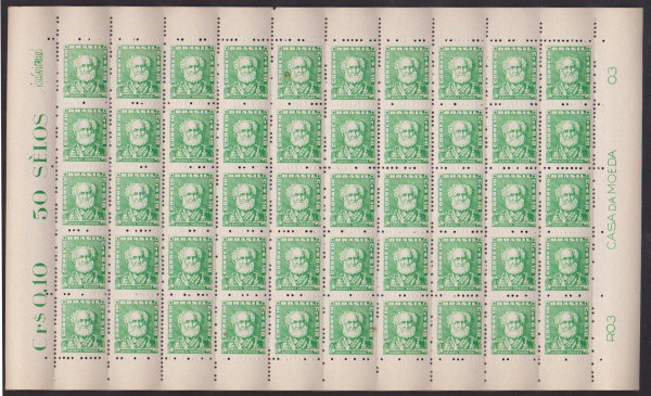 Brasil 1958 - Almirante Tamandaré, verde em folha completa de 50 selos sem carimbo com goma integra