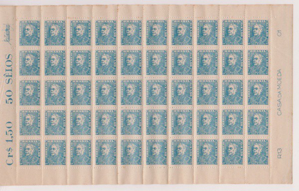 Brasil 1958 - Duque de Caxias, azul em folha completa de 50 selos sem carimbo com goma integral. Sel