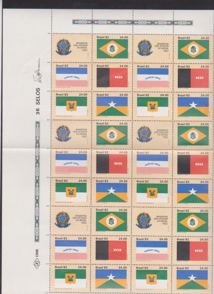Brasil 1982 - Bandeiras em folha completa de 36 selos sem carimbo com goma!