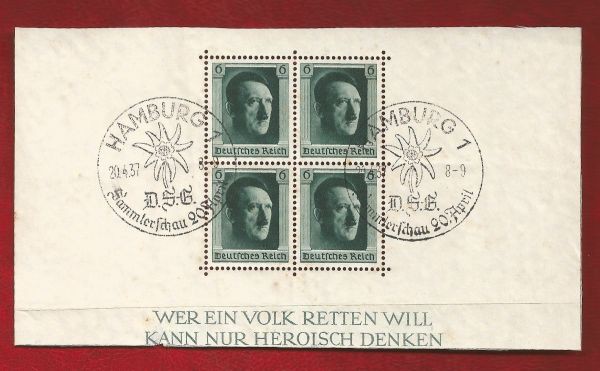 Bloco da Alemanha - Reich - Hitler - Com defeito - Dobra e Aparado nas margens (superior e inferior)