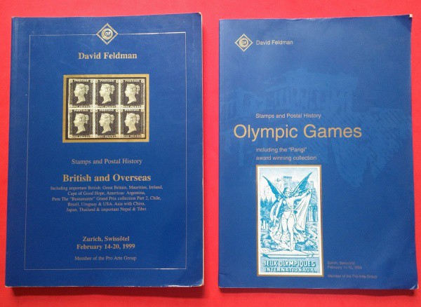 2 Catálogos, de selos David Feldman, Postal History e Olympic Games, edição de 1999