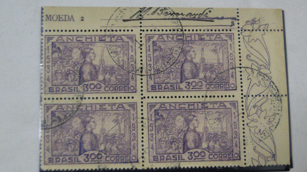 LINDA E ÚNICA, QUADRA DE ANCHIETA 300 RÉIS, COM BORDAS DE FOLHA (RARO DE ENCONTRAR), COM ASSINATURA