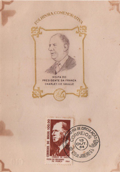Folhinha Comemorativa visita do Presidente da França Charles de Gaulle. Preserva selo e carimbo. MBC