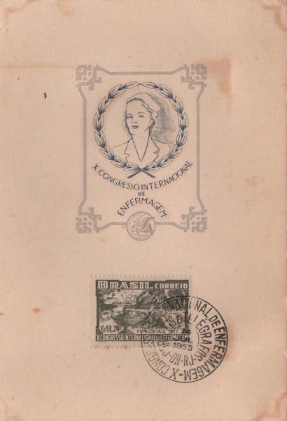 Folhinha Comemorativa X Congresso Internacional de Enfermagem. Julho de 1953. Preserva selo e carimb