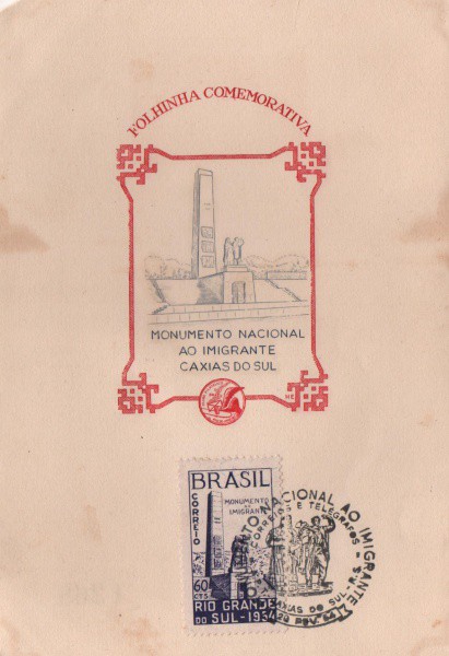 Folhinha Comemorativa Monumento Nacional ao Imigrante Caxias do Sul. 1954. Preserva selo e carimbo.
