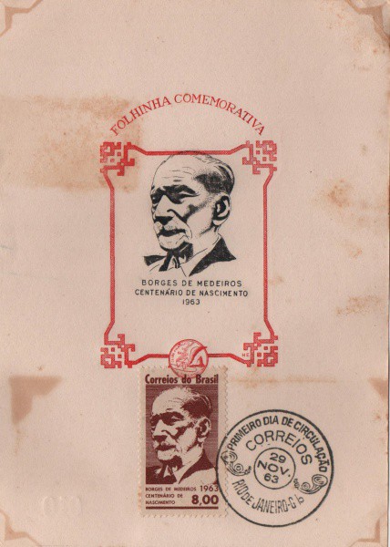 Folhinha Comemorativa Borges de Medeiros Centenário de Nascimento. 1963. Preserva selo e carimbo. MB