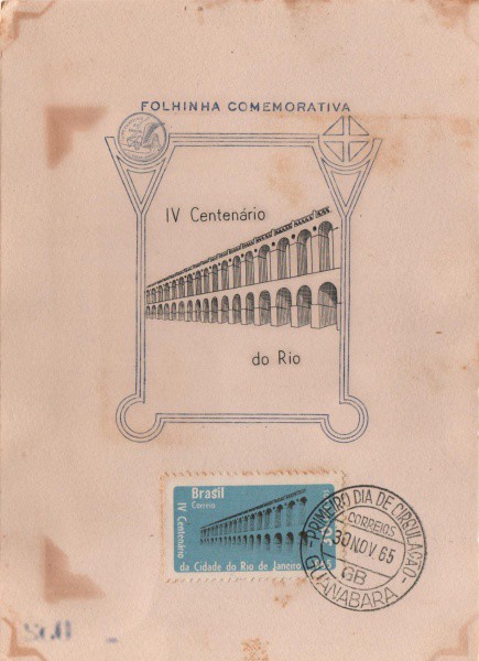 Folhinha Comemorativa IV Centenário do Rio de Janeiro. Novembro de 1965. Preserva selo e carimbo. MB