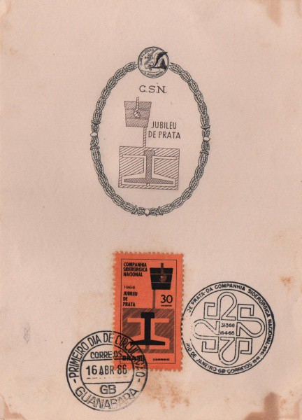Folhinha Comemorativa Companhia Siderúrgica Nacional Jubileu de Prata.  Abril de 1966. Preserva selo