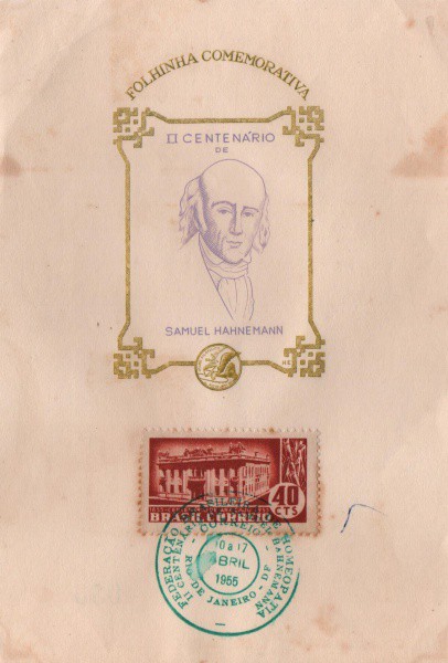 Folhinha Comemorativa II Centenário de Samuel Hahnemann.  Abril de 1955. Preserva selo e carimbo. MB