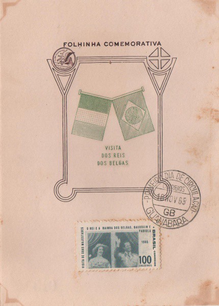 Folhinha Comemorativa Visita dos Reis dos Belgas.  Novembro de 1965. Preserva selo e carimbo. MBC