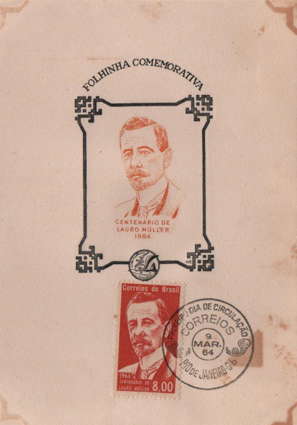 Folhinha Comemorativa Centenário de Lauro Muller. Março de 1964. Preserva selo e carimbo. MBC